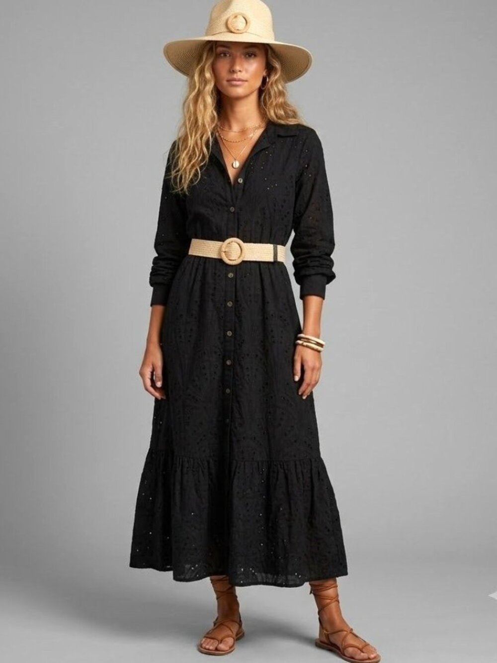 MNG Black Cottagecore Whimsy Boho Dress S With Eyelet Designs & Belted Preppy - Picture 1 of 15